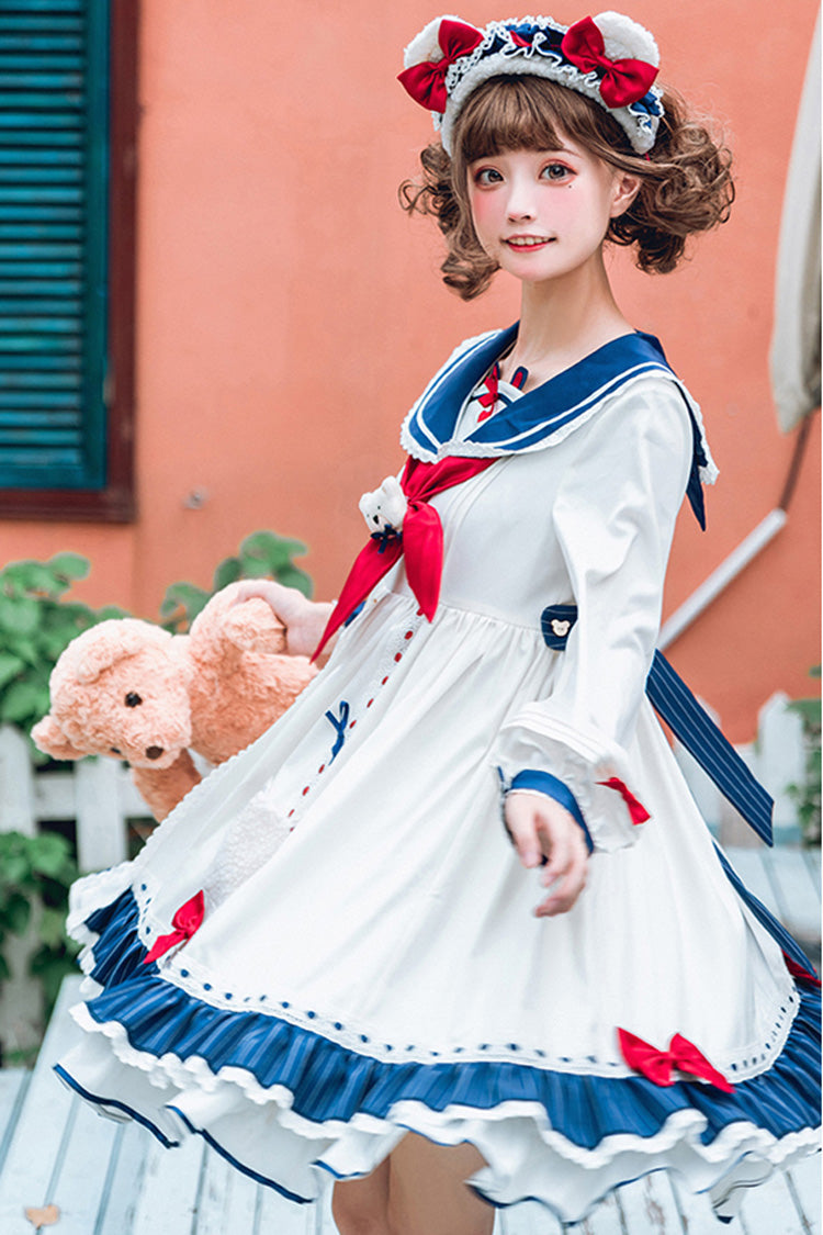 White College Style Navy Collar Chiffon Sea White Bear Print Bowknot Ruffled Sweet Lolita OP Dress - Product - 4