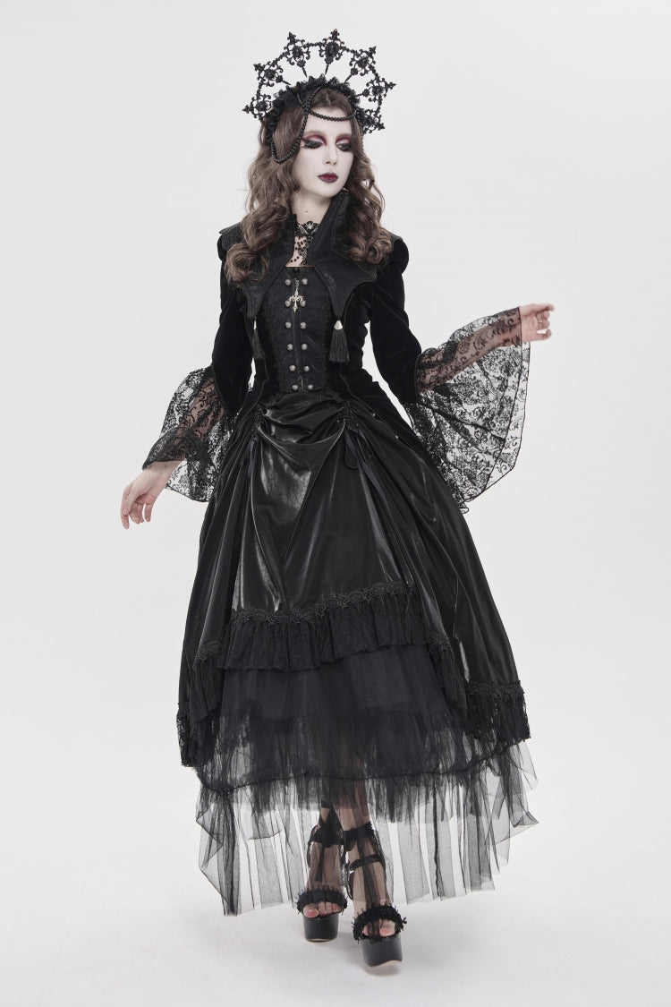 Black Long Trumpet Sleeves Embroidered Lace Slim Zippered Women's Gothic Bat Wing Collar Double-breasted Zip Jacket - Product - 4