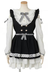 Sweet Off Shoulder Long Sleeves Ruffled Bow Lace Jirai Kei Japanese Dress Shorts Set - Black(Set) - 1