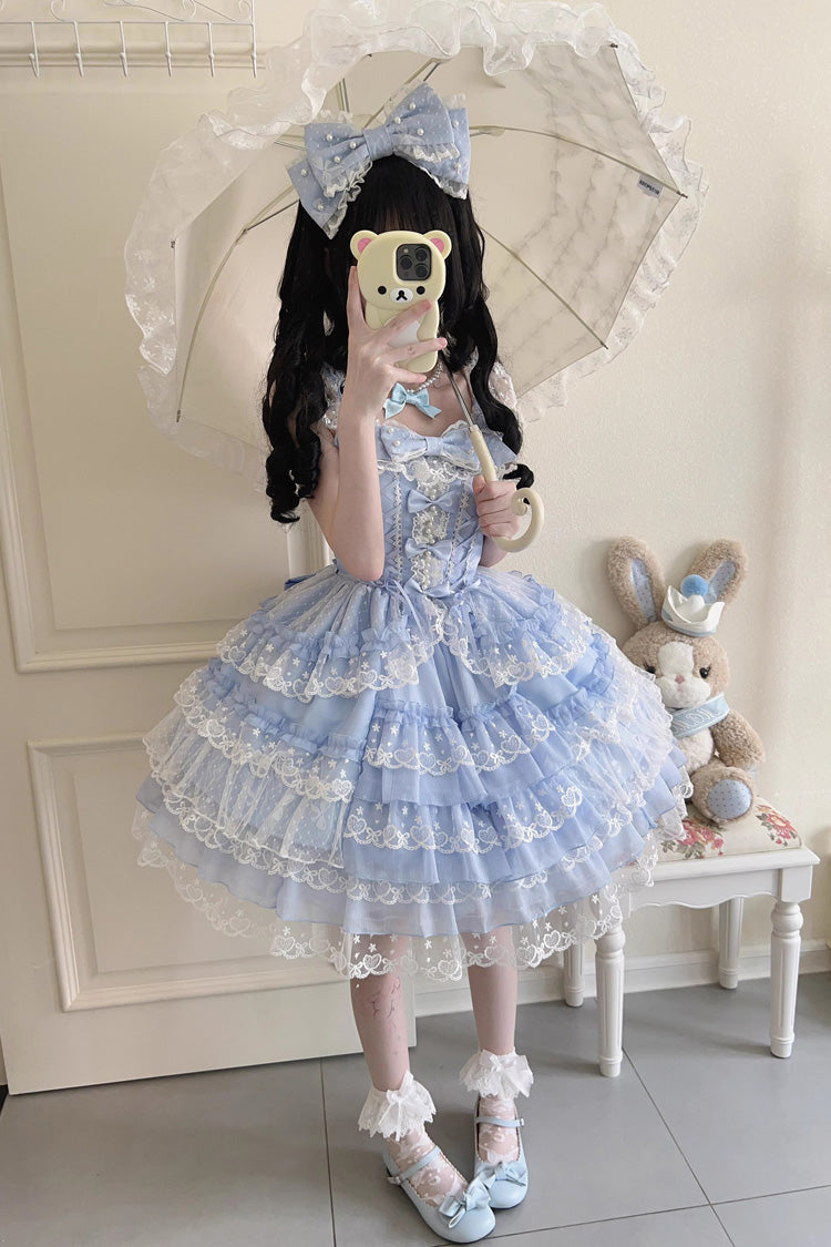 Blue [Love Overture] Multi-Layered Ruffle Bowknot Lace Sweet Lolita Jsk Dress - Product - 7