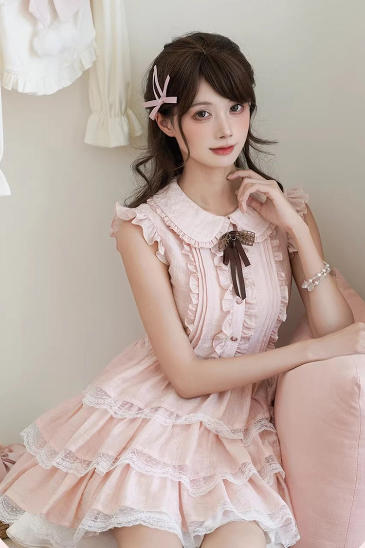 Pink Doll Collar Triple-Layered Ruffled Bow Lace Sweet Lolita Dress - Product - 4