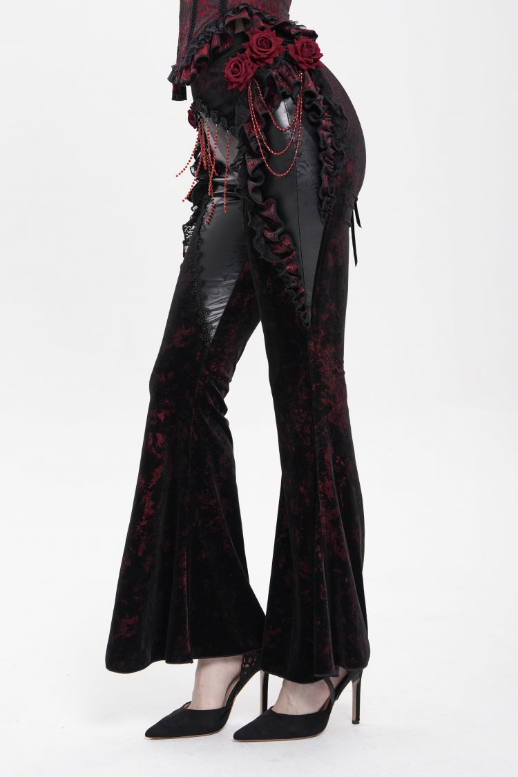 Black/Red  Ruffled Spliced Women's Gothic Floral Faux Leather&Velvet Ruffle Pants - Product - 11