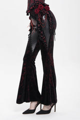 Black/Red  Ruffled Spliced Women's Gothic Floral Faux Leather&Velvet Ruffle Pants - Product - 11