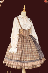 Brown [Morning Tune] Sleeveless High Waisted Print Ruffle Asymmetric Sweet Lolita Strap Dress - Product - 11