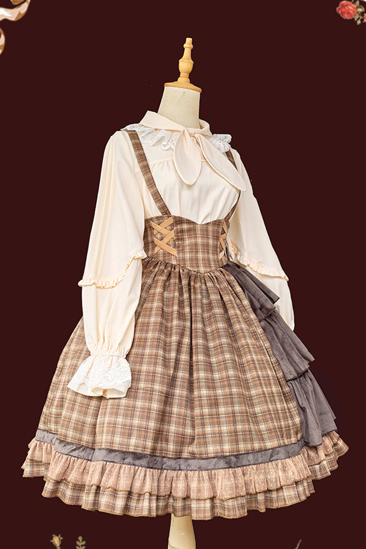 Brown [Morning Tune] Sleeveless High Waisted Print Ruffle Asymmetric Sweet Lolita Strap Dress - Product - 11