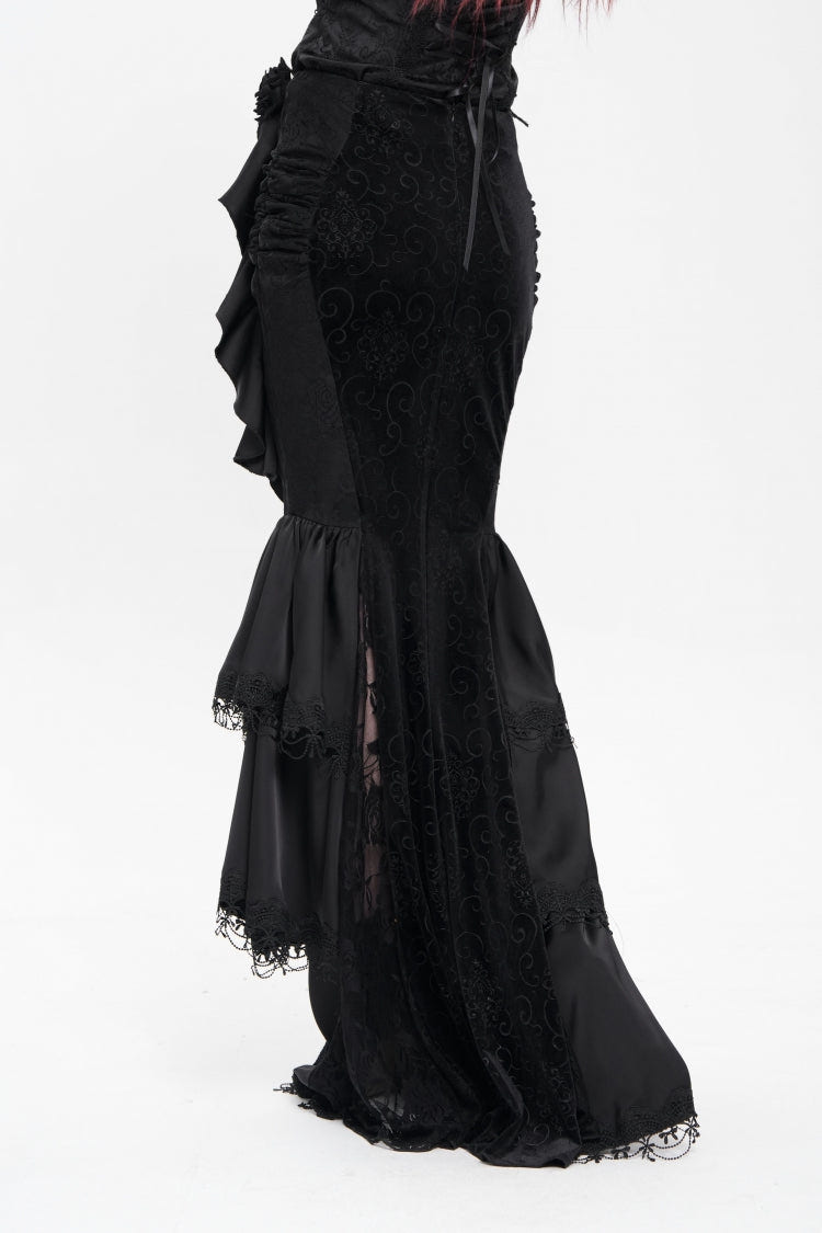 Black Floral Print Lace-Up Rose Chain Women's Gothic Fishtail Skirt - Product - 4