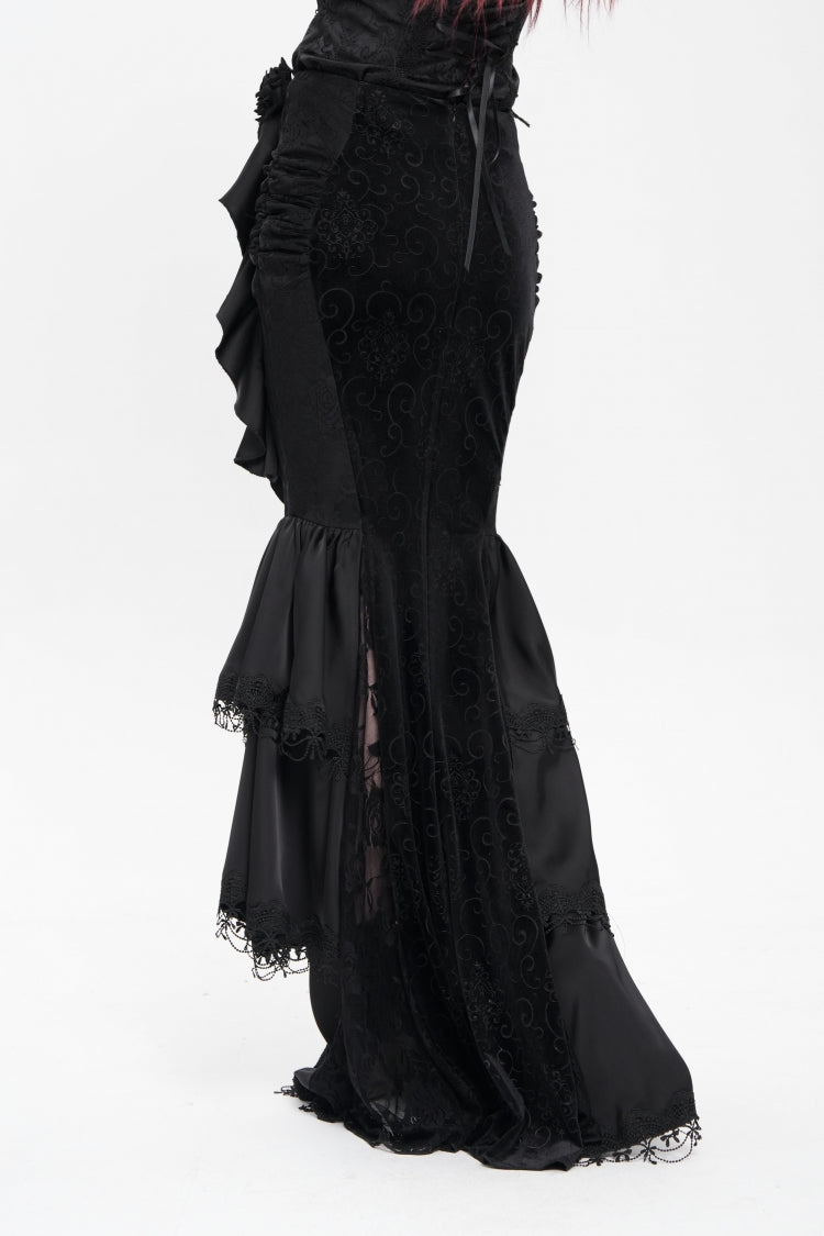 Black Floral Print Lace-Up Rose Chain Women's Gothic Fishtail Skirt - Product - 4
