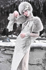 Silver [The Call of the Snow Country] V Collar Long Sleeves High Waisted Ruffle Lace Gothic Lolita Fishtail Dress - Product - 11