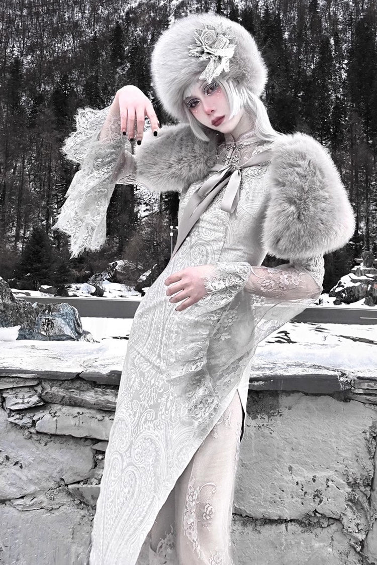 Silver [The Call of the Snow Country] V Collar Long Sleeves High Waisted Ruffle Lace Gothic Lolita Fishtail Dress - Product - 11