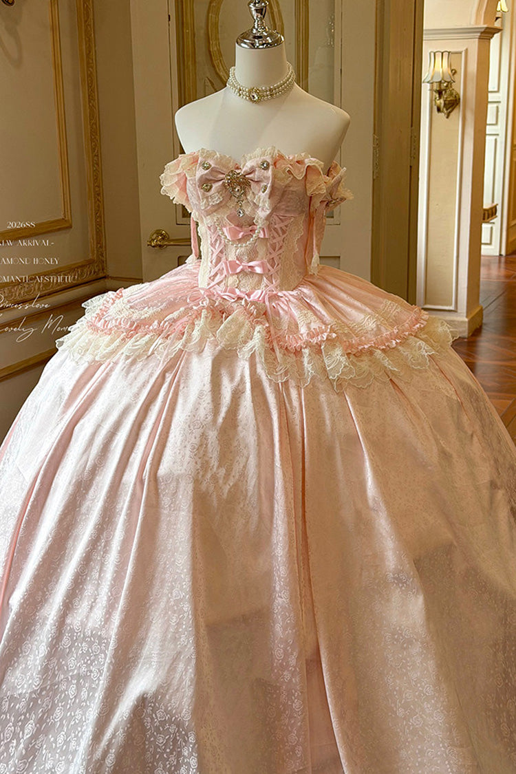 Pink [White Moonlight Lover] Romantic Commemorative Ceremony Sleeveless Ruffled Bow Lace Lace-Up Sweet Elegant Lolita Strapless Dress - Product - 3