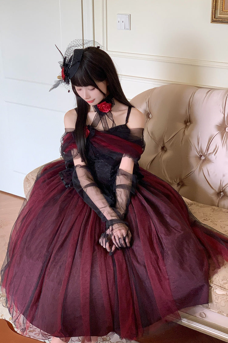 Black/Red [Sanglin’s Tribute] Off Shoulder Ruffled Gothic Lolita Dress - Product - 8