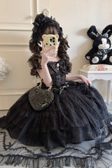 Black [Eternal Vow] Sleeveless Multi-Layered Ruffle Hanayome Bowknot Lace Lace-Up Gothic Lolita Jsk Dress - Product - 4