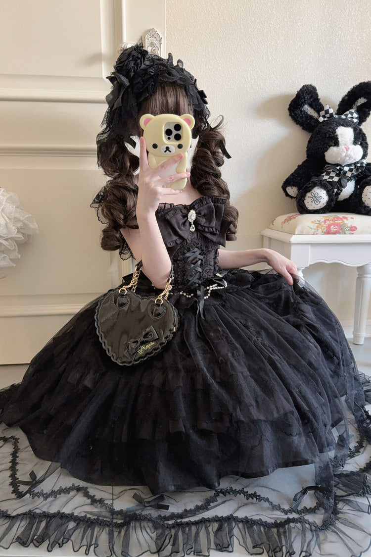 Black [Eternal Vow] Sleeveless Multi-Layered Ruffle Hanayome Bowknot Lace Lace-Up Gothic Lolita Jsk Dress - Product - 4