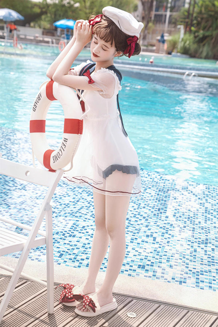White/Blue/Red Bowknot Short Sleeves Navy Cute Sweet Lolita One Piece Swimsuit - Product - 6