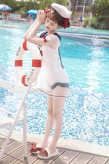 White/Blue/Red Bowknot Short Sleeves Navy Cute Sweet Lolita One Piece Swimsuit - Product - 6