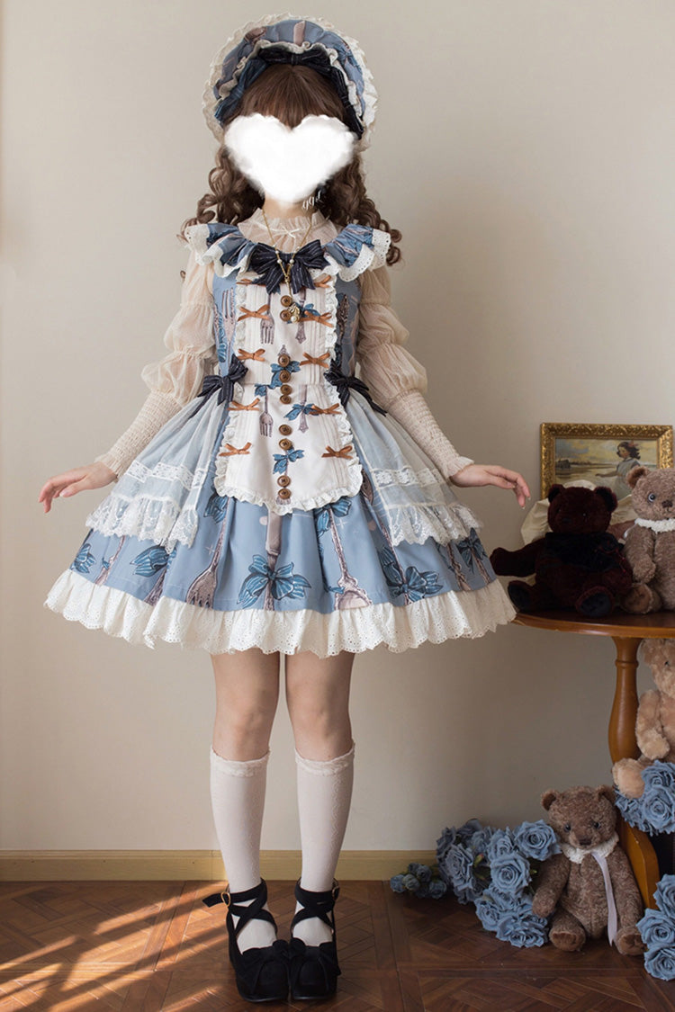 Blue [The Witch’s Banquet] Sleeveless Printed Ruffled Embroidered Bow Lace Sweet Lolita Jsk Dress - Product - 2