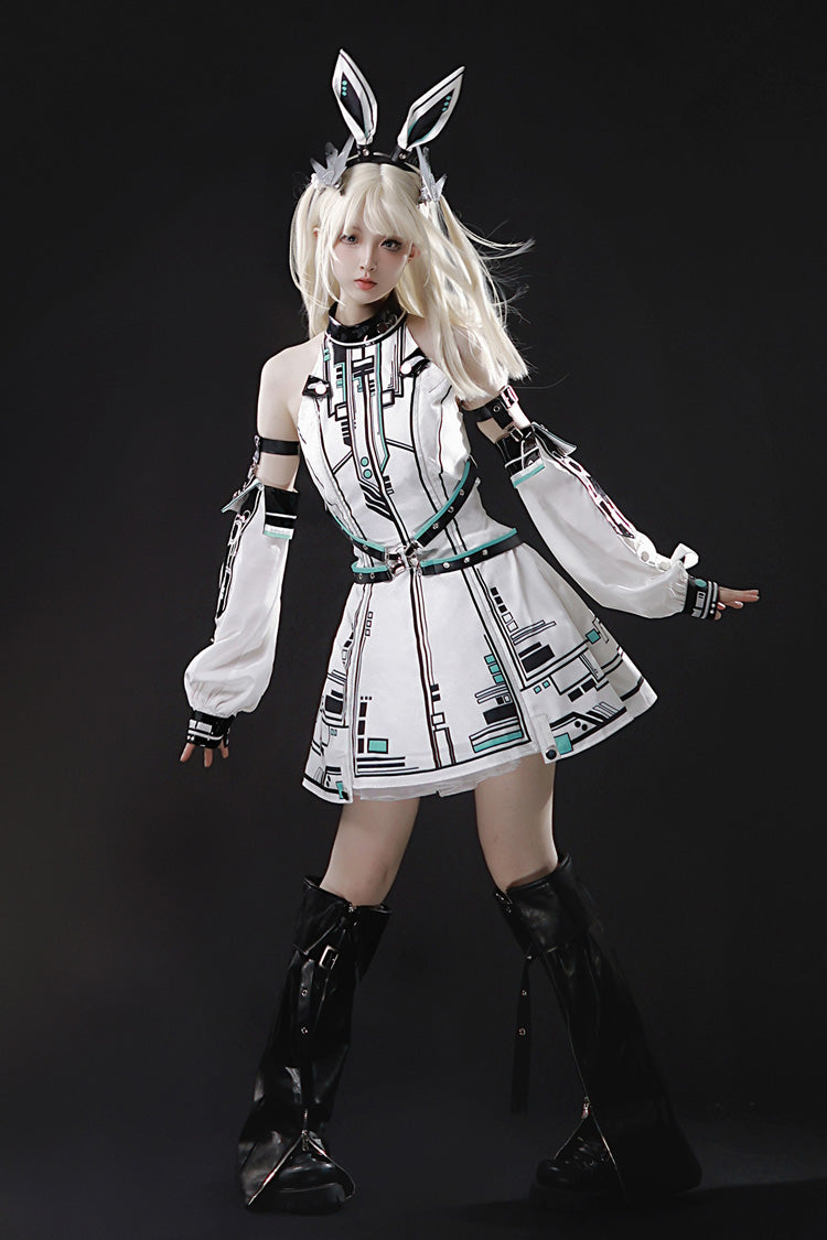 White [Mecha Battle Maiden] Stand Collar Print Futuristic Style Sweet Handsome Lolita Dress - White - 1