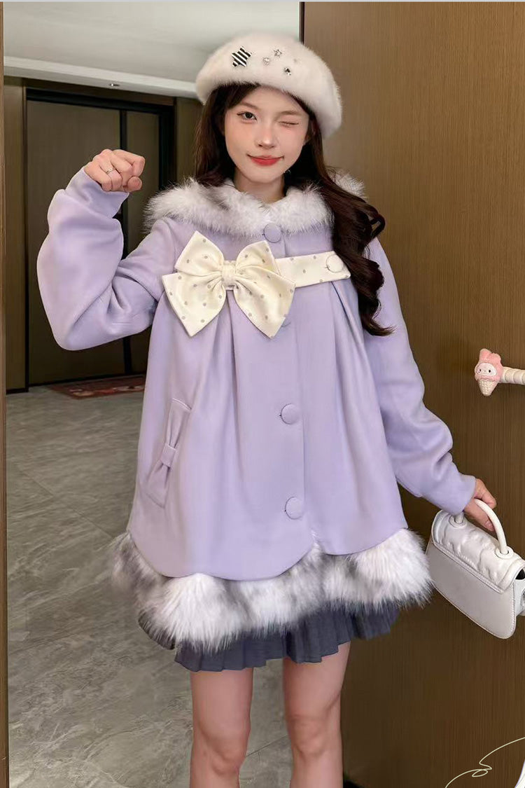 Purple Long Sleeves Plush-Trim Polka Dot Printed Bow Hooded Sweet Lolita Coat - Product - 6