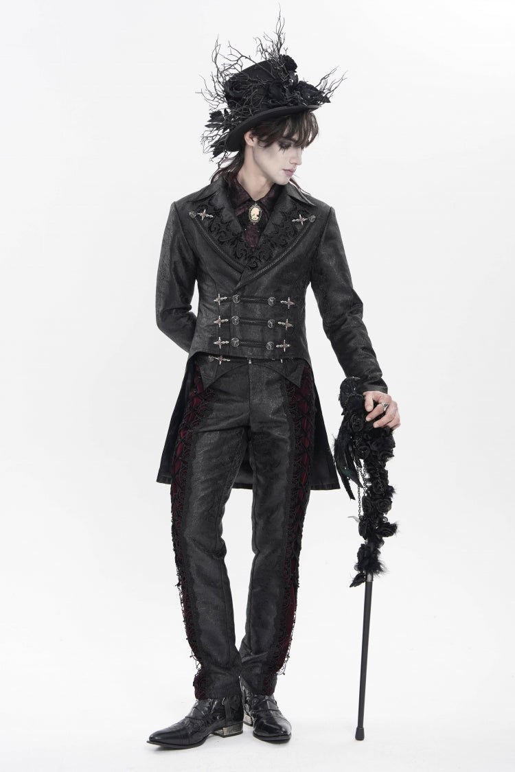 Black Lapel Collar Long Sleeves Lace-Up Slim Men's Gothic Handsome Double-Breasted Jacket - Product - 10