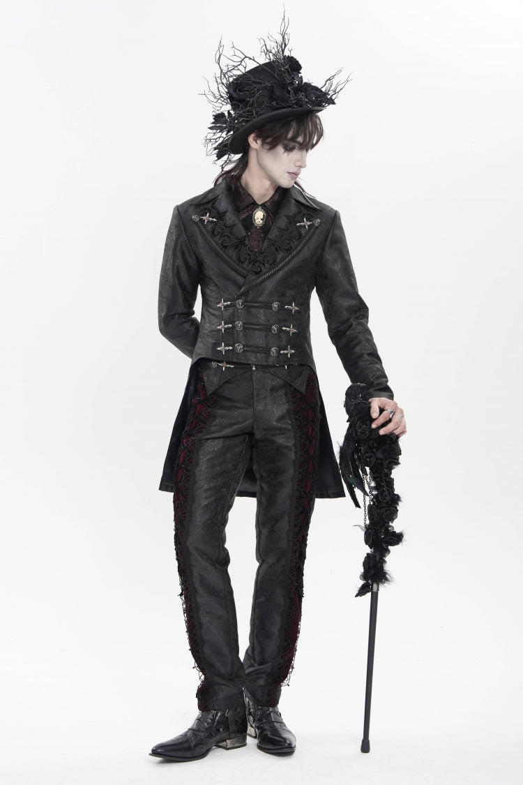 Black Lapel Collar Long Sleeves Lace-Up Slim Men's Gothic Handsome Double-Breasted Jacket - Product - 10