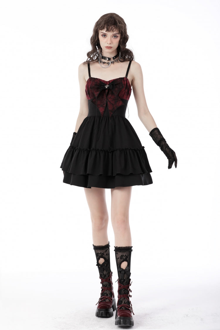 Black/Red Sleeveless Bowknot Lace-Up Double-Layered Frilly Women's Gothic Slip Graduation Dress - Product - 6