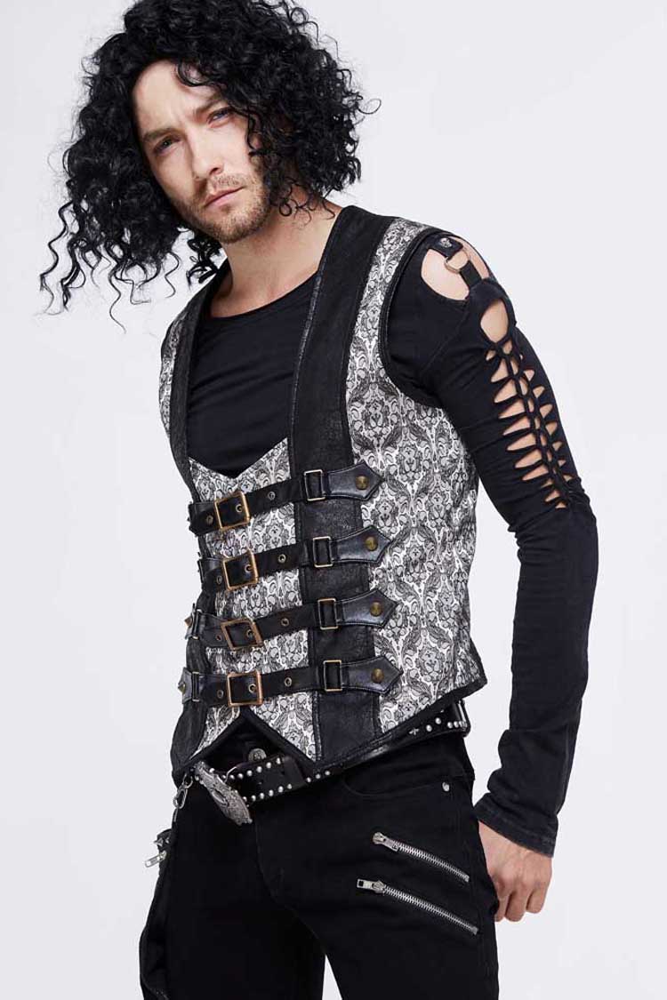 Silver Back Lace Up Jacquard Splice Chest Loop Men's Punk Waistcoat - Product - 3