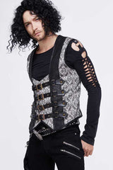 Silver Back Lace Up Jacquard Splice Chest Loop Men's Punk Waistcoat - Product - 3
