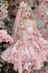 Gem Princess Fish Bone Detached Hime Sleeves Sweet Lolita Princess Dress Set 2 Colors - Nude Pink - 1