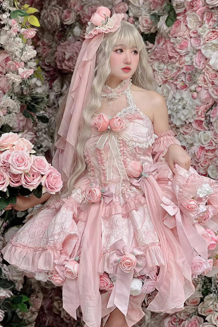 Gem Princess Fish Bone Detached Hime Sleeves Sweet Lolita Princess Dress Set 2 Colors - Nude Pink - 1