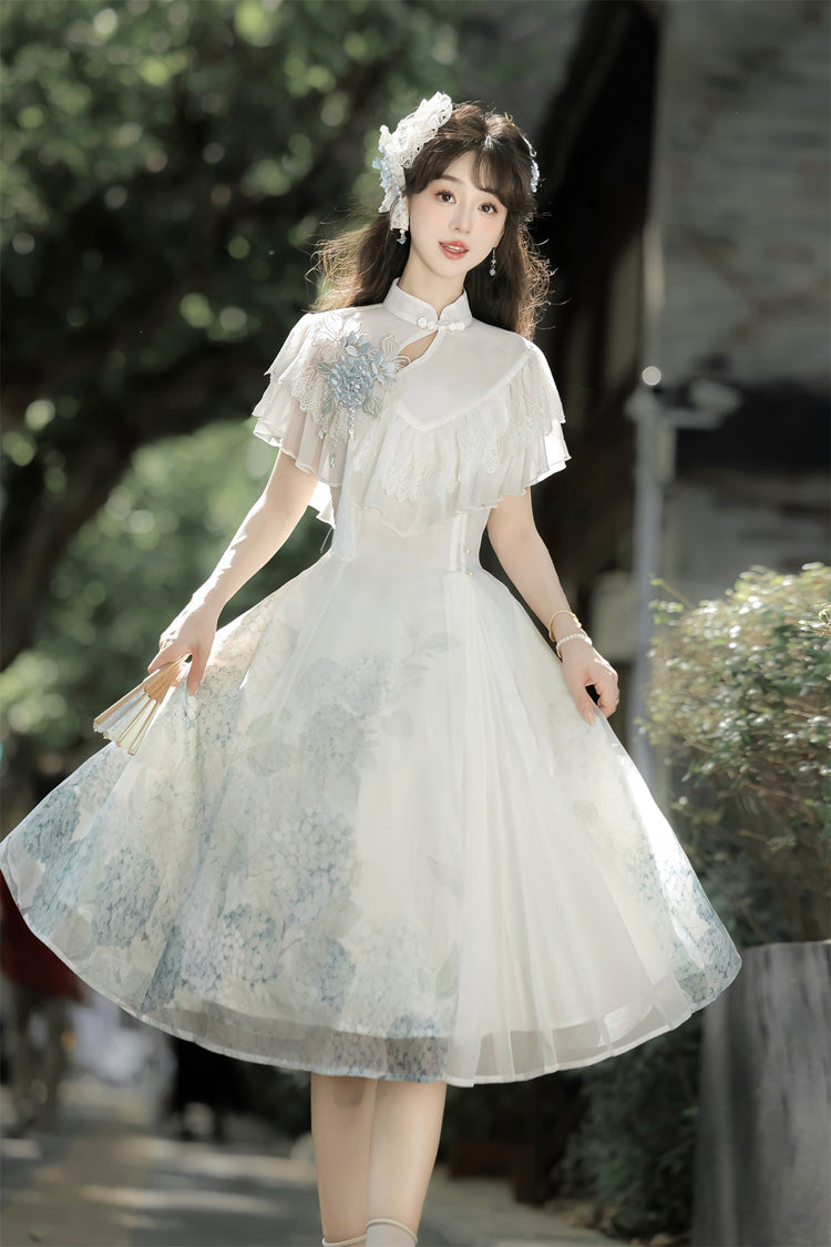 White [Hydrangea Message] Short Sleeves Print Ruffle Lace Sweet Chinese Style Elegant Lolita Short Dress - Product - 13
