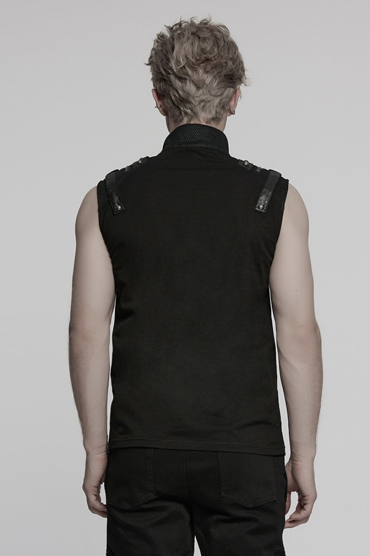 Black Stand Collar Sleeveless Stitching Mesh Zipper Men's Punk Vest - Product - 3