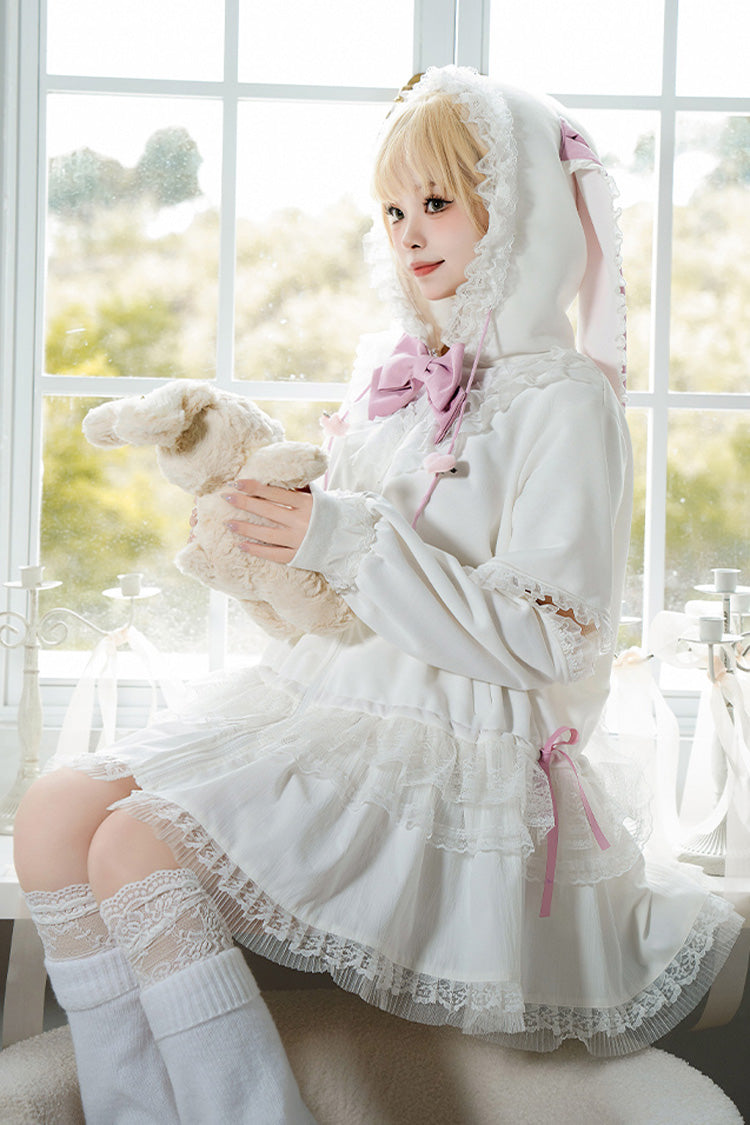 White Rabbit Ears Hooded Bowknot Lace Sweet Lolita Coat Set - Product - 5
