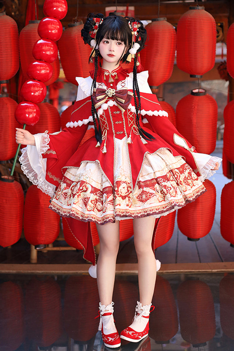 Red [New Year] Print Ruffle Bowknot Lace-Up Sweet Chinese Style Lolita Jsk Dress - Product - 16
