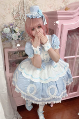 [A Day as a Candy Shop Owner] Peter Pan Collar Short Sleeves Printed Bow Sweet Lolita Dress 3 Colors (Red, Blue, Pink) - Product - 26