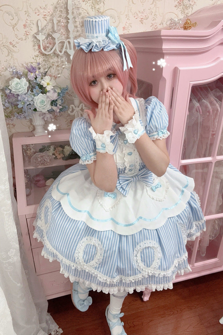 [A Day as a Candy Shop Owner] Peter Pan Collar Short Sleeves Printed Bow Sweet Lolita Dress 3 Colors (Red, Blue, Pink) - Product - 26