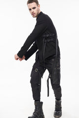Black Punk Multi-Pocket Leather Splicing Metal Leg Ring Men's Pants - Product - 3