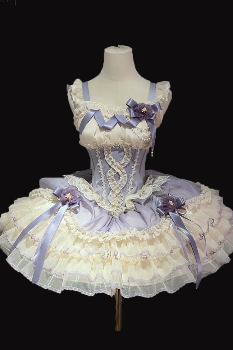 [Flowing Light Gift Box] Square Collar Sleeveless Multi-Layered Ruffled Bow Elegant Ballet Sweet Lolita Jsk Dress 6 Colors - Purple - 15