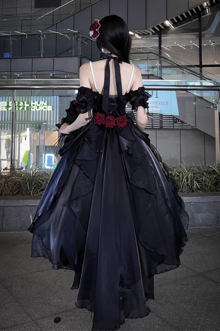 Black [Cindy Rose] Halterneck Sleeveless Ruffle Bowknot Gothic Elegant Lolita Jsk Dress - Product - 4