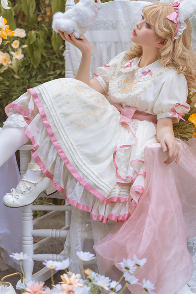 White/Pink Short Sleeves Multi-layer Ruffle Bowknot Sweet Lolita Dress - Product - 5