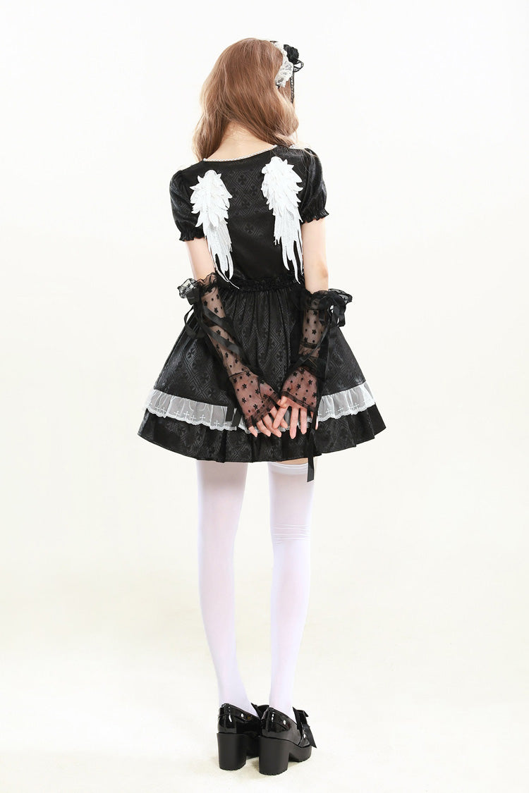 Black [Night Alley Angel] Lapel Collar Short Sleeves Jacquard Ruffled Lace Gothic Lolita Dress - Product - 4