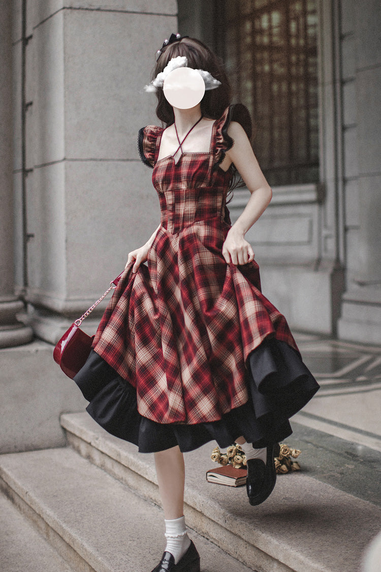 Red [Madeline] Print Ruffle Vintage Elegant Lolita Jumper Dress - Product - 4