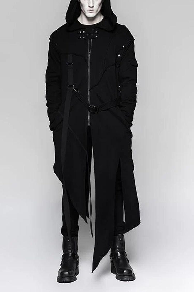 Black Strap Decoration Long Sleeves Irregular Hem Hooded Mens Steampunk Coat - Black - 1