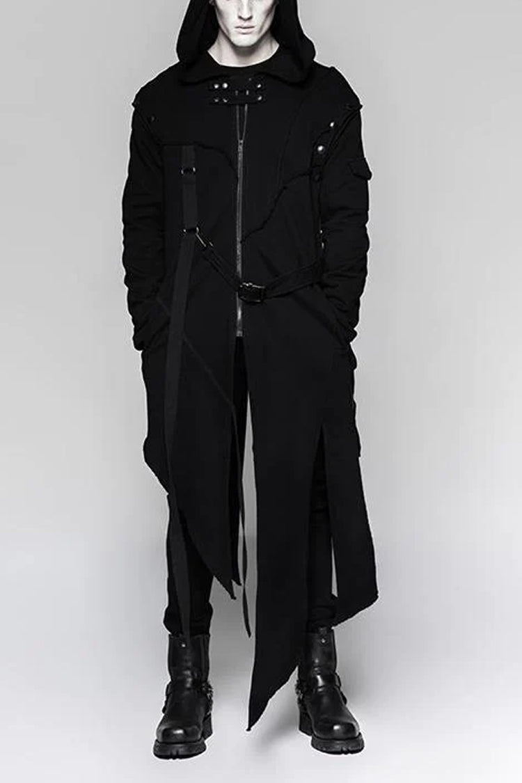 Black Strap Decoration Long Sleeves Irregular Hem Hooded Mens Steampunk Coat - Black - 1
