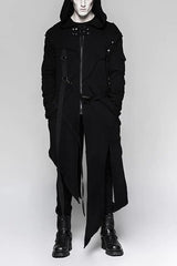 Black Strap Decoration Long Sleeves Irregular Hem Hooded Mens Steampunk Coat - Black - 1