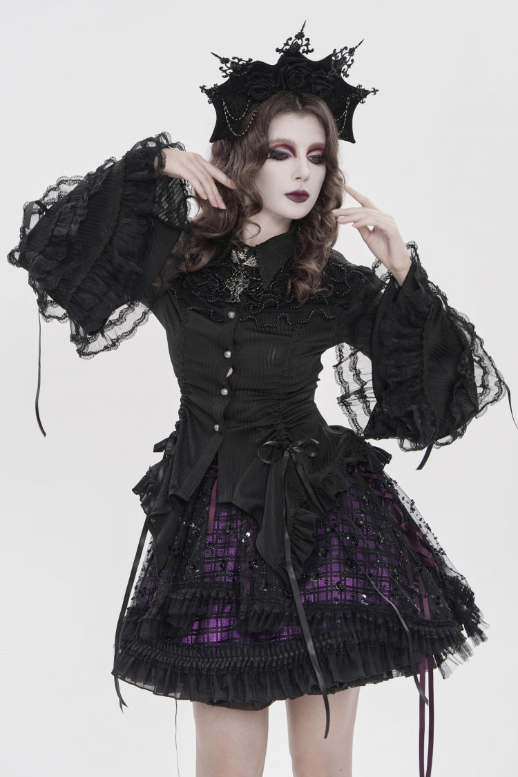 Black Lapel Collar Long Trumpet Sleeves Lace Lace-Up Women's Gothic Blouse - Product - 9