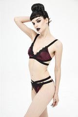 Black Red Lace Cross Strap Burgundy Gothic Swimsuit Set - Product - 4