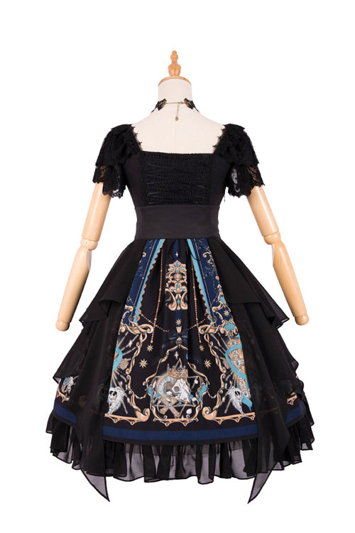 Black Lace Short Sleeve God Redemption Print Gothic Lolita Dress - Product - 6