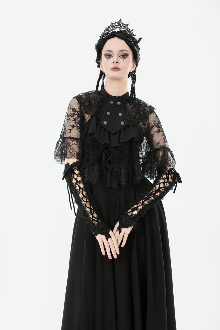 Black Bouble-Breasted Floral Lace Women's Gothic Cape - Product - 2