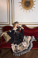 Blue [Unicorn] V Collar Short Sleeves Empire Motif Print Embroidery Bowknot Lace Sweet Elegant Lolita Dress - Product - 6