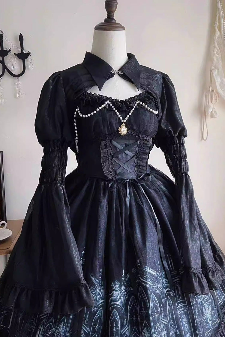 Black Sleeveless Church of Silent Night Print Ruffle Gothic Lolita Jsk Dress - Product - 7